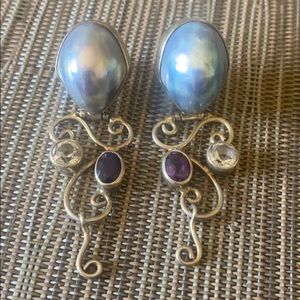 Sterling Silver amethyst end blue pearl earrings